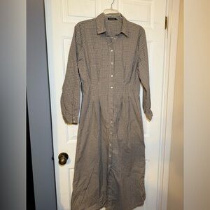 Monoprix Femme Sz 12 Aline Maxi Shirt Dress Brown Gingham Check Pleating Prairie